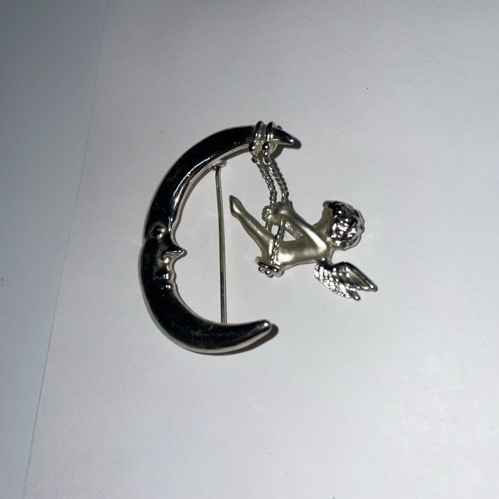 Vintage Danecraft Dangle Angel Swinging On Crescent Moon Brooch Silver Tone 80s